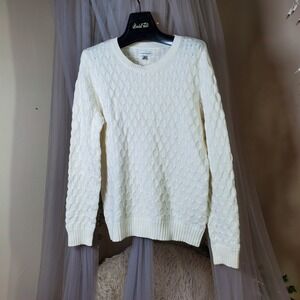 Womens White Cotton Diamond Knit Pullover Sweater Acadamia Casual Sz M Cabincore